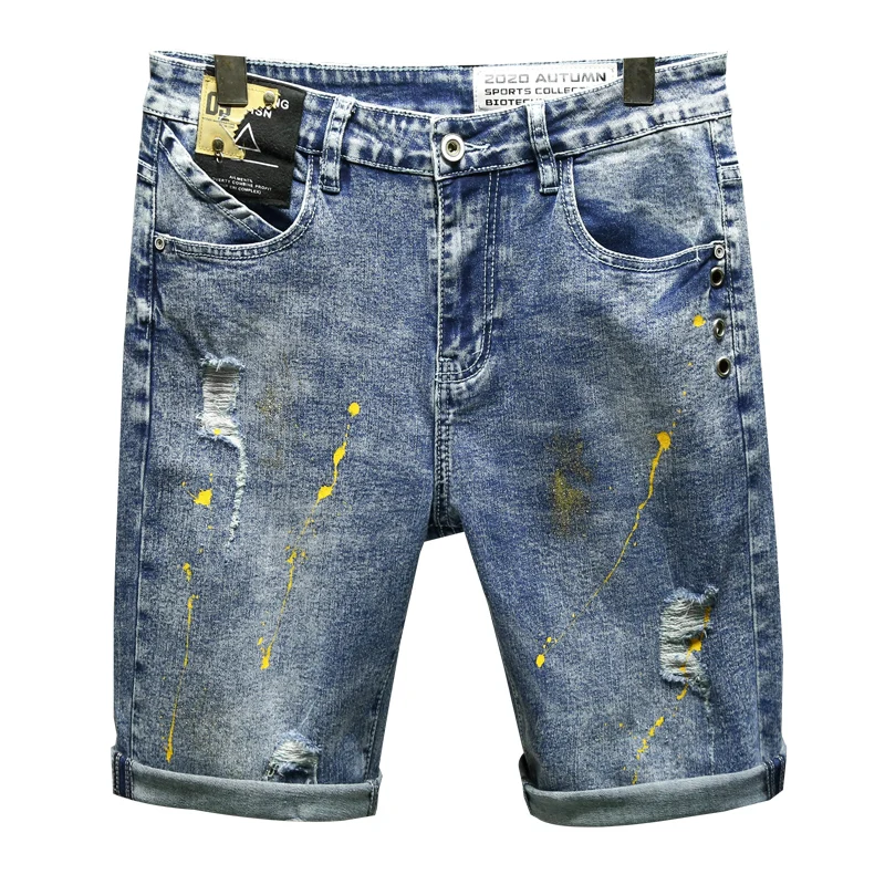 Denim shorts men's  personalized pants with spray paint fashionable men's pants knee length denim shorts jeans for men
