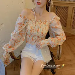 Femme Spring Summer Korean Fashion Printing Shirring Chiffon Women Shirts Simplicity Elegant Ruffles Long Sleeve Pullovers Tops