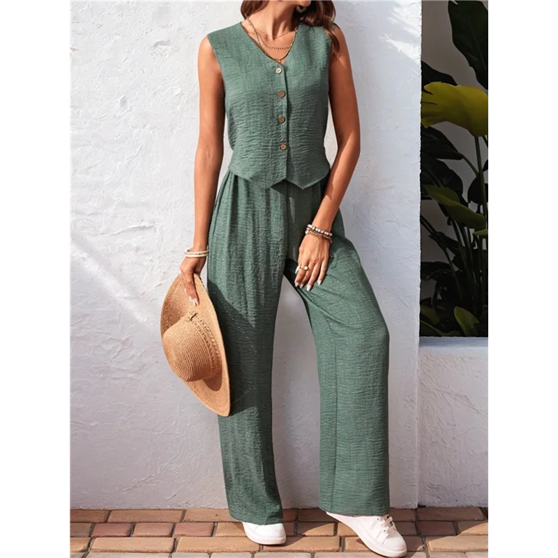 2-teiliges Damen-Outfit, Leinenweste, Weste, elegante Freizeit-Sets, Hosenanzüge mit weitem Bein