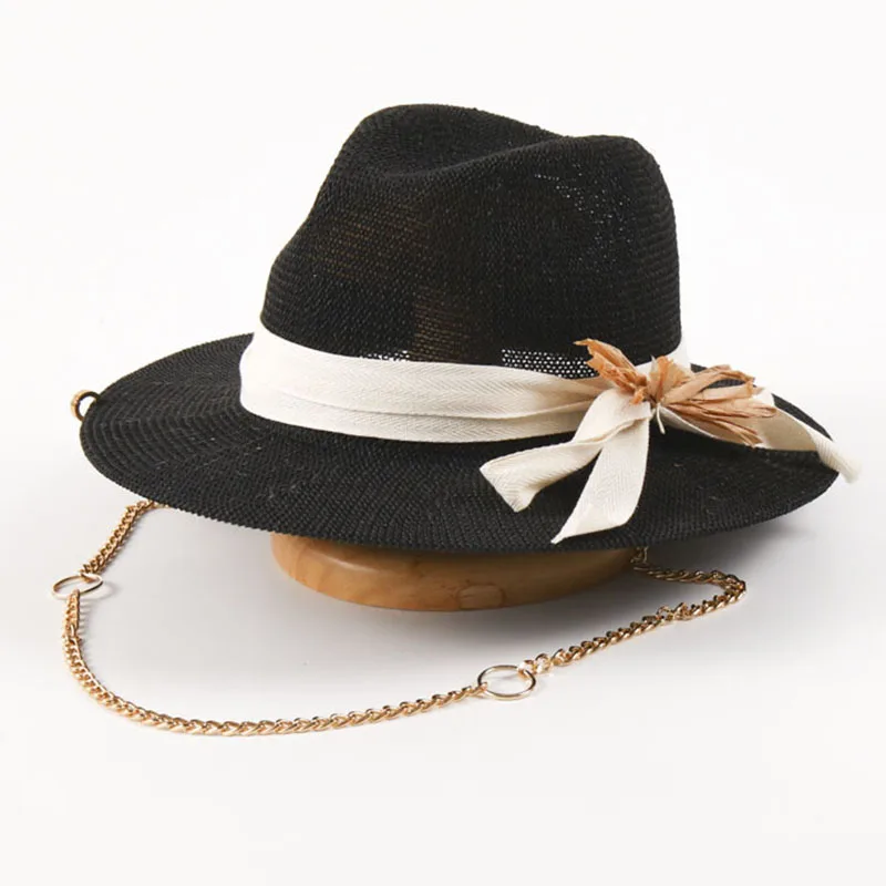 Women Summer Hat Wide Brim Brooch Panama Hat Chain Strap Fedora Hat Bowknot Beach Hats Sun Hats