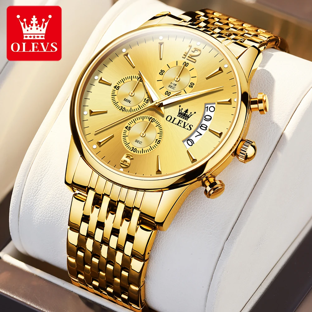 OLEVS 2867 reloj dorado para hombre, reloj clásico de acero inoxidable resistente al agua con luz nocturna, temporizador multifuncional, reloj de cuarzo para hombre de alta calidad