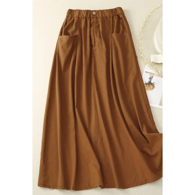 2024 New Arrival High Waist Cotton Linen Vintage Summer Skirts Pockets Office Lady Work Skirts Loose Women Casual Midi Skirts