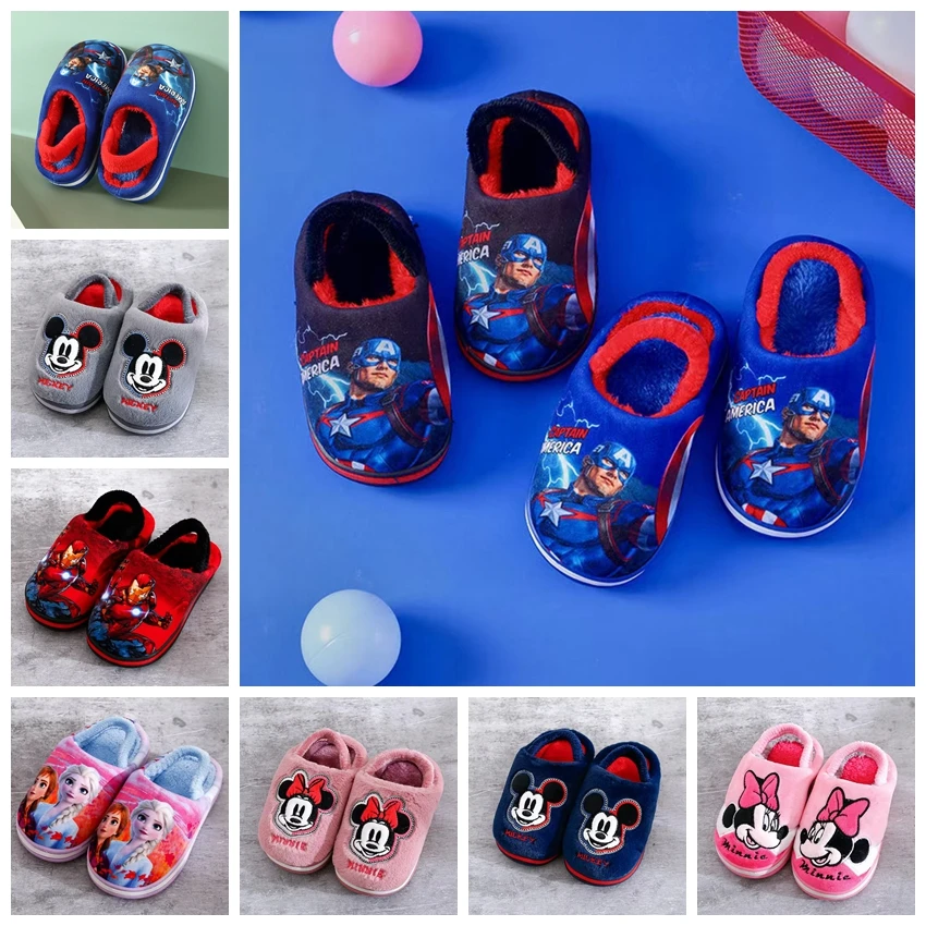 Winter Disney Baby Boy Girl Cotton Slippers Cartoon Mickey Captain America Elsa Print Kid Keep Warm Indoor Anti-slip Home Shoes