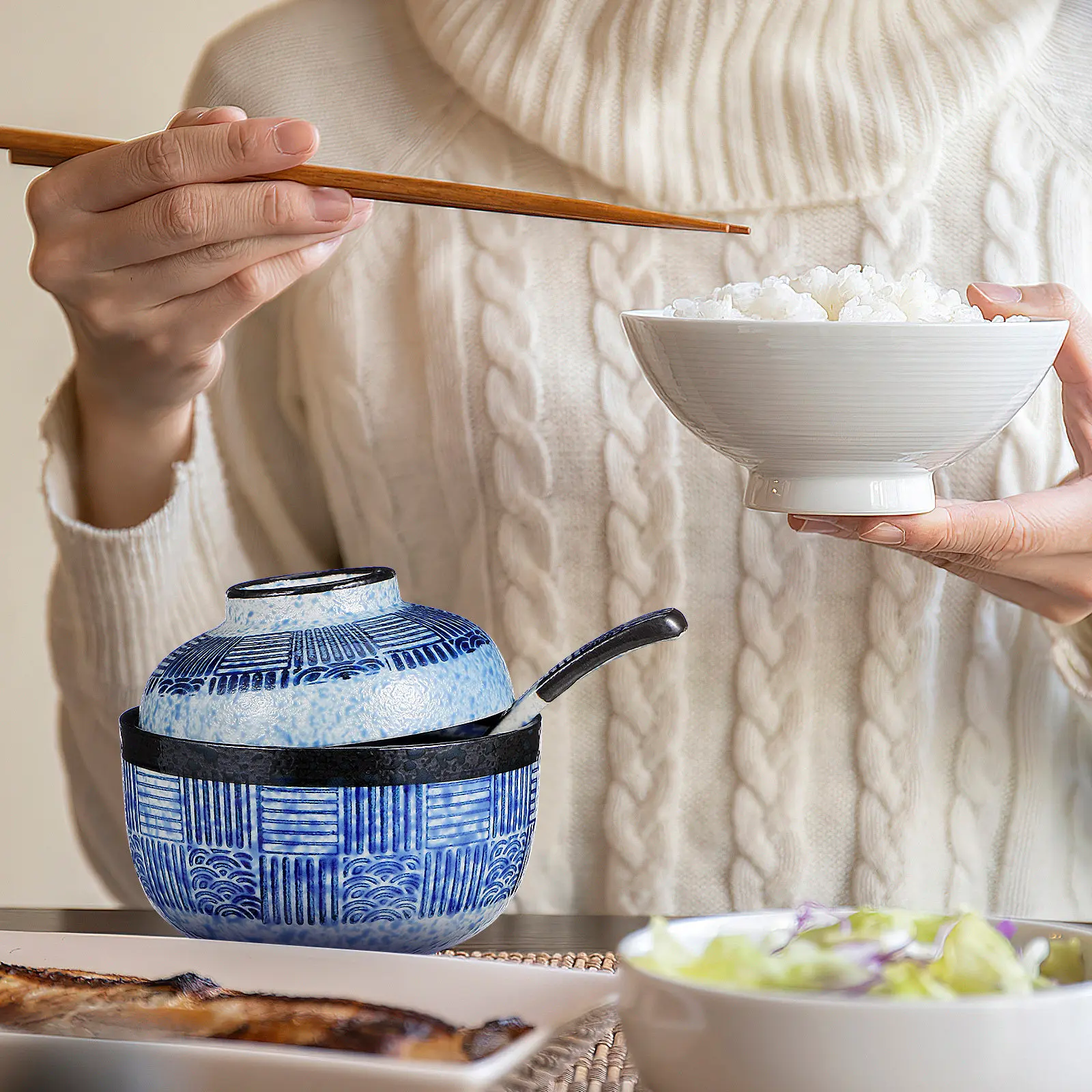 Juego de 1 Tazón Japonés de Cerámica para Sopa Miso, Arroz, Diseño Elegante, Tamaño Pequeño, Apto para Comida Caliente y Fría, para el Hogar, Comedor, Buffet