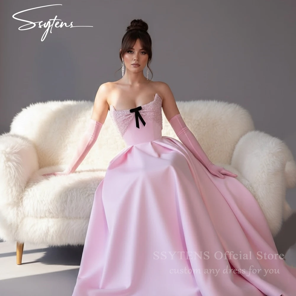SSYTENS Abiti da sera rosa Elegante senza spalline A Line Abito da ballo da sposa Perline Abiti da festa da ballo in seta pieghettati a mano personalizzati