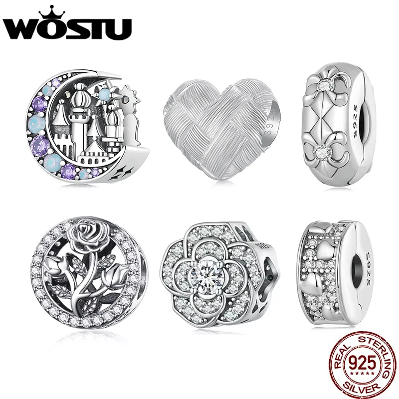 WOSTU Vintage 925 Sterling Silver Full of Zircon Flower Beads Moon Heart Charm Fit Original Bracelet DIY Necklace Jewelry Making