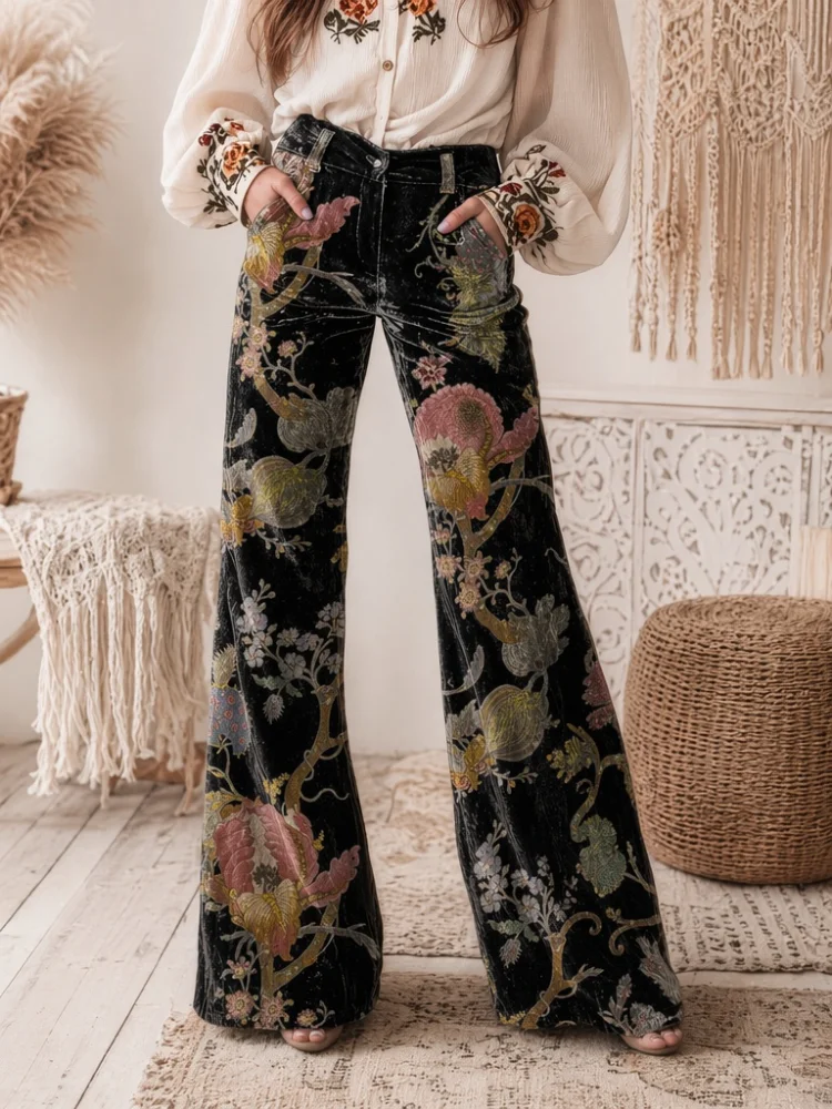 Women's Black Velvet Printed Flare Pants, Featuring vintage Botanical and Floral Prints, with a High-Waist Design, Presenting an Elegant Bohemian Style. These Are Casual Pants Suitable for Daily Wear in Autumn and Winter.