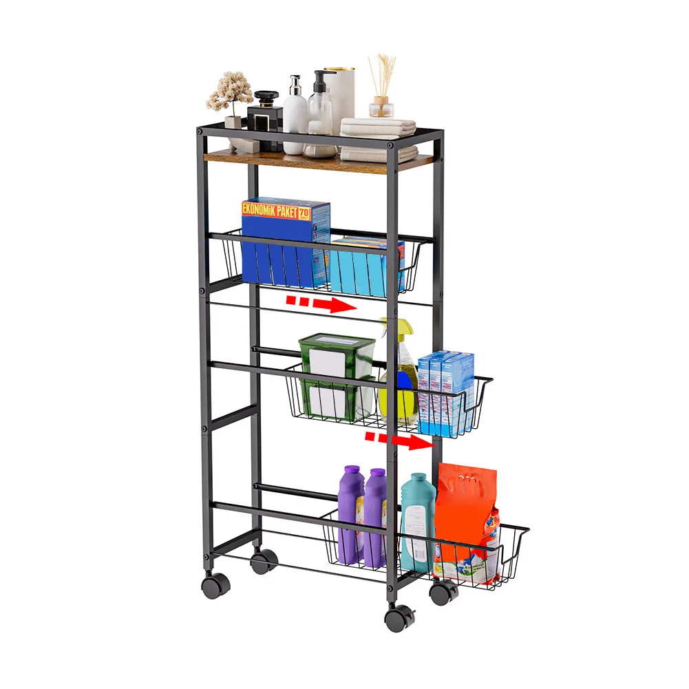 Slim Storage Cart 4 Tier Slim Rolling Storage Cart With Wheels Narrow Sliding Storage Laundry Cart With 3 Pull-Out Baskets