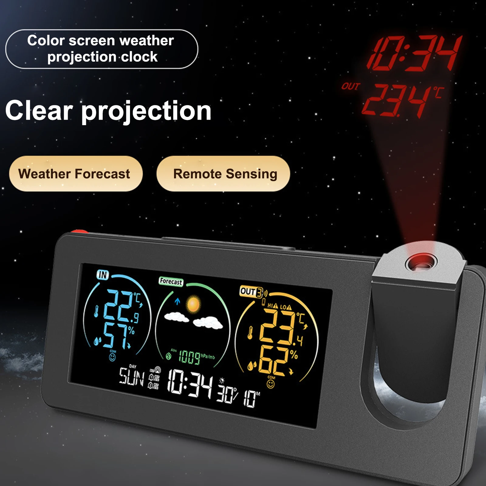 

LED Projection Alarm Clock Weather Forecast Temperature and Humidity Color Screen 180 Degree Rotation Digital Alarm Clock