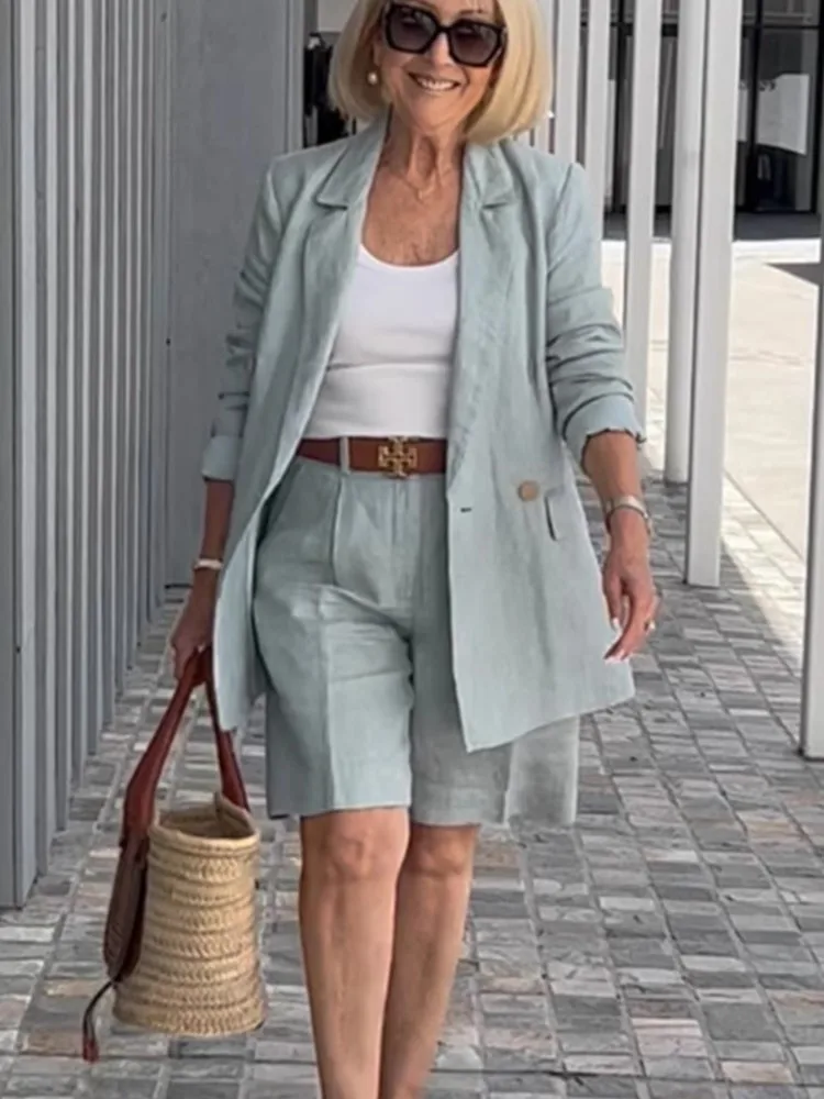 

Women Short Pant Set Spring Autumn Fashion Flip Collar Long Sleeves Outside Coats Shorts Two-piece Sets Solid Color Elegant Suit