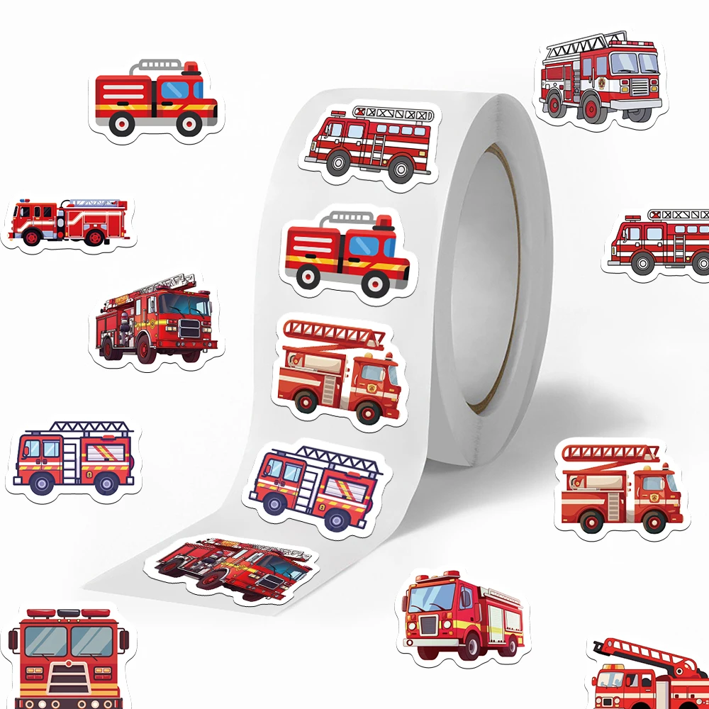 500 uds/rollo de pegatinas en rollo de camión de bomberos rojo de dibujos animados, divertidas y creativas, 10 patrones diferentes, decoración de sobre de regalo DIY, PVC impermeable