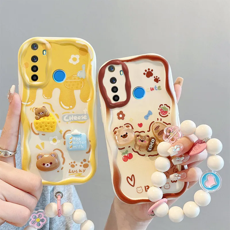 

INS Curly Wave Edge Cream Rabbit Phone Case For Realme C25S C25Y C3i C30S C55 Q3i Q5i U1 V11s V13 V20 V23 V5 Wrist Strap Cover