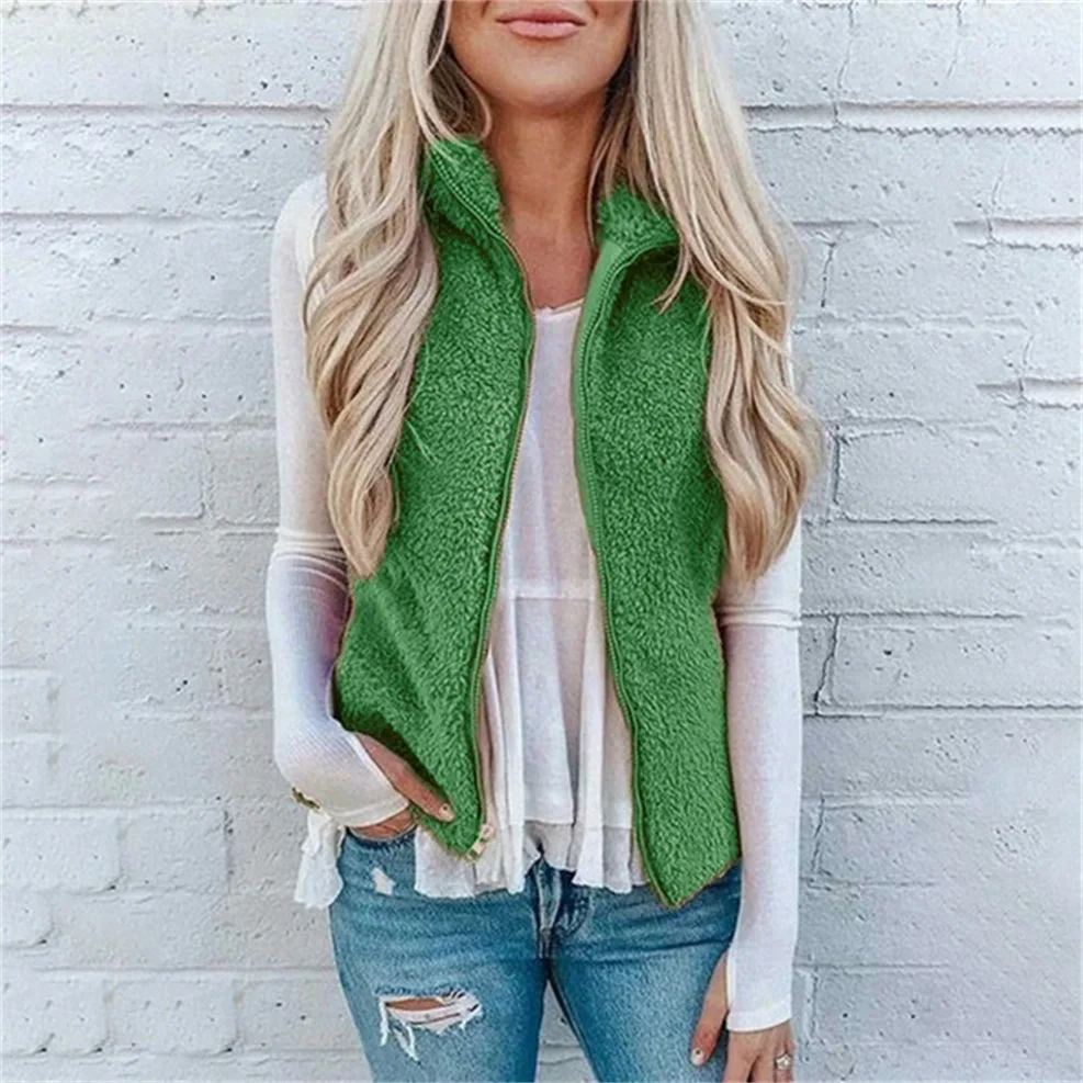 2025 Women's Vest Stand Collar Zipper Cardigan Jacket Fashion Solid Color Plush Warm Autumn and Winter Casual Coat