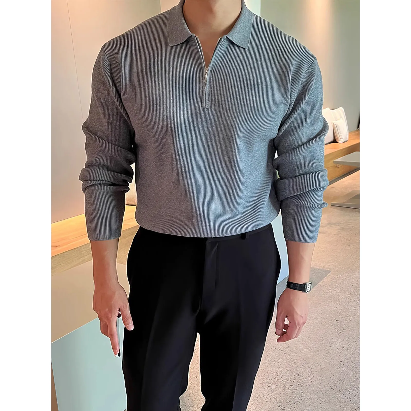 Autumn Winter Half-Zip British Lapel Slim Knit Polo Sweater Men's Business Casual Outerwear