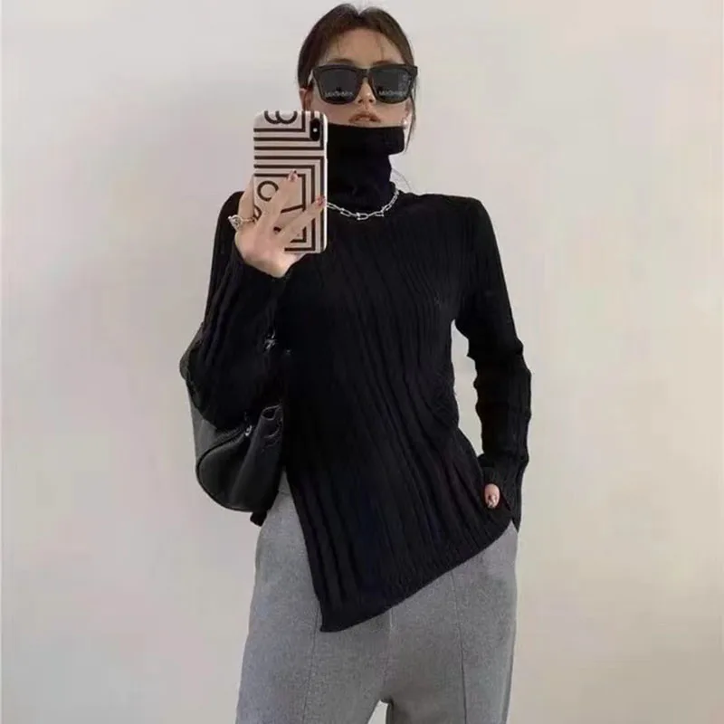 Hdspq Solid Color Turtleneck Sweaters Women 2023 Autumn Winter Side Split Knitted Pullover Woman Slim Fit Long Sleeve Knit Tops