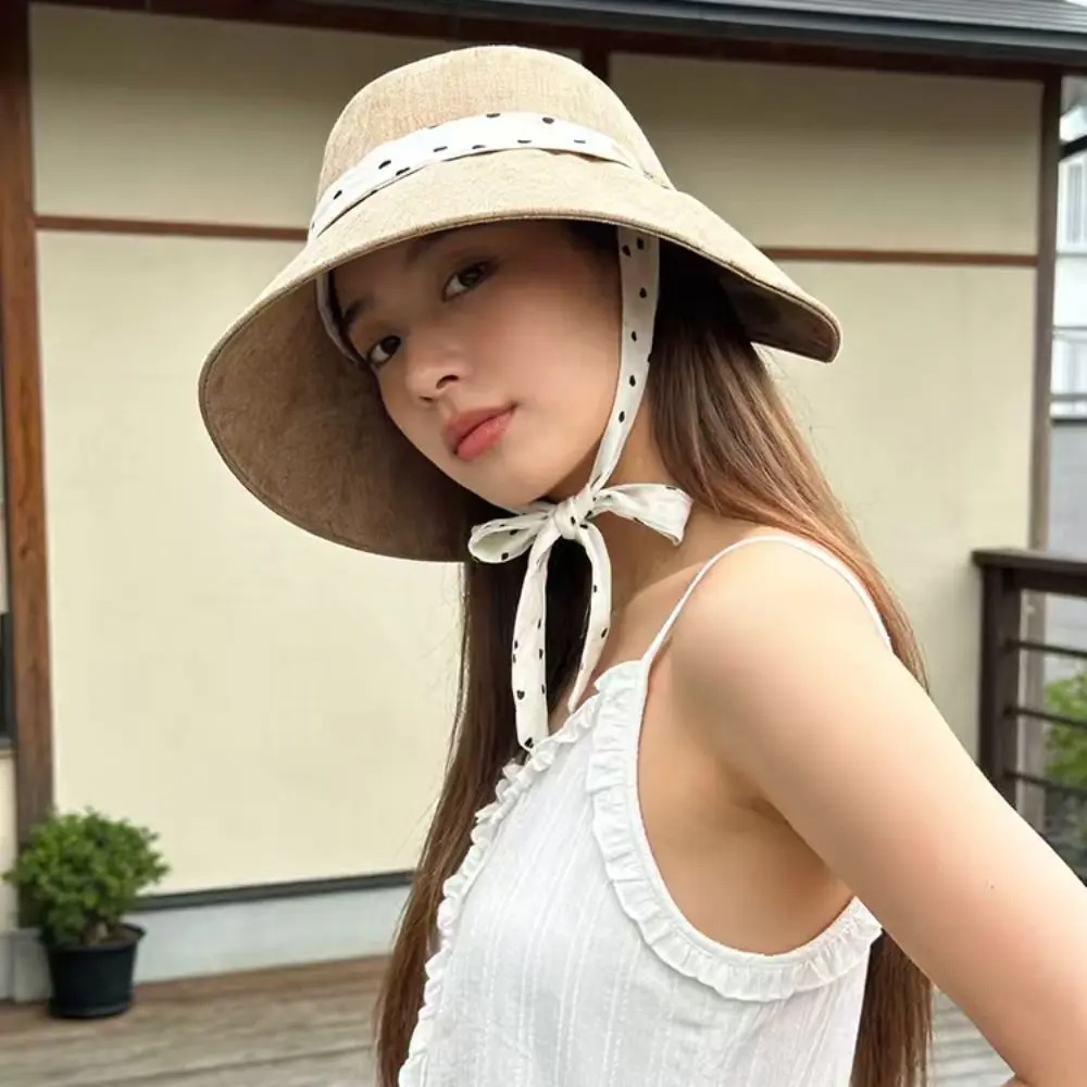 

Portable Polka Dot Ribbon Women Fisherman Hat Lace Solid Color Summer Sun Hat Breathable Cotton Sunshade Hat Camping