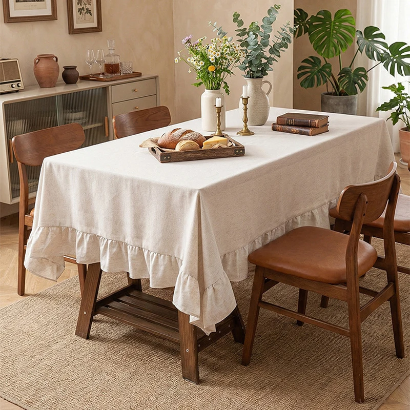 

Скатерть из однотонного льняного полотна в скандинавском стиле с рюшами, прямоугольная, для обеденного, кофейного стола, украшения кухни