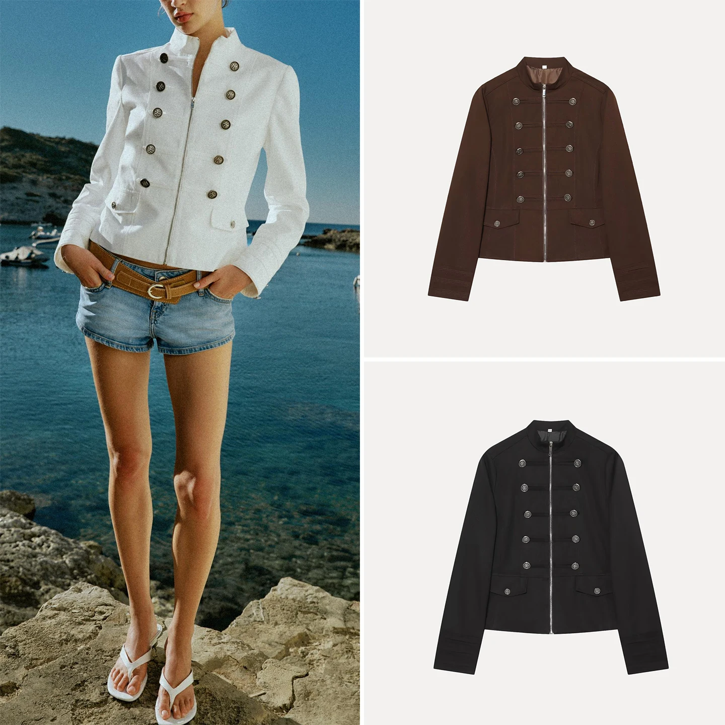 Women's Summer 2026 Long Sleeve Stand Collar Button Zipper Decorated Suit Jacket Standard Fit Casual Outerwear ZADATA