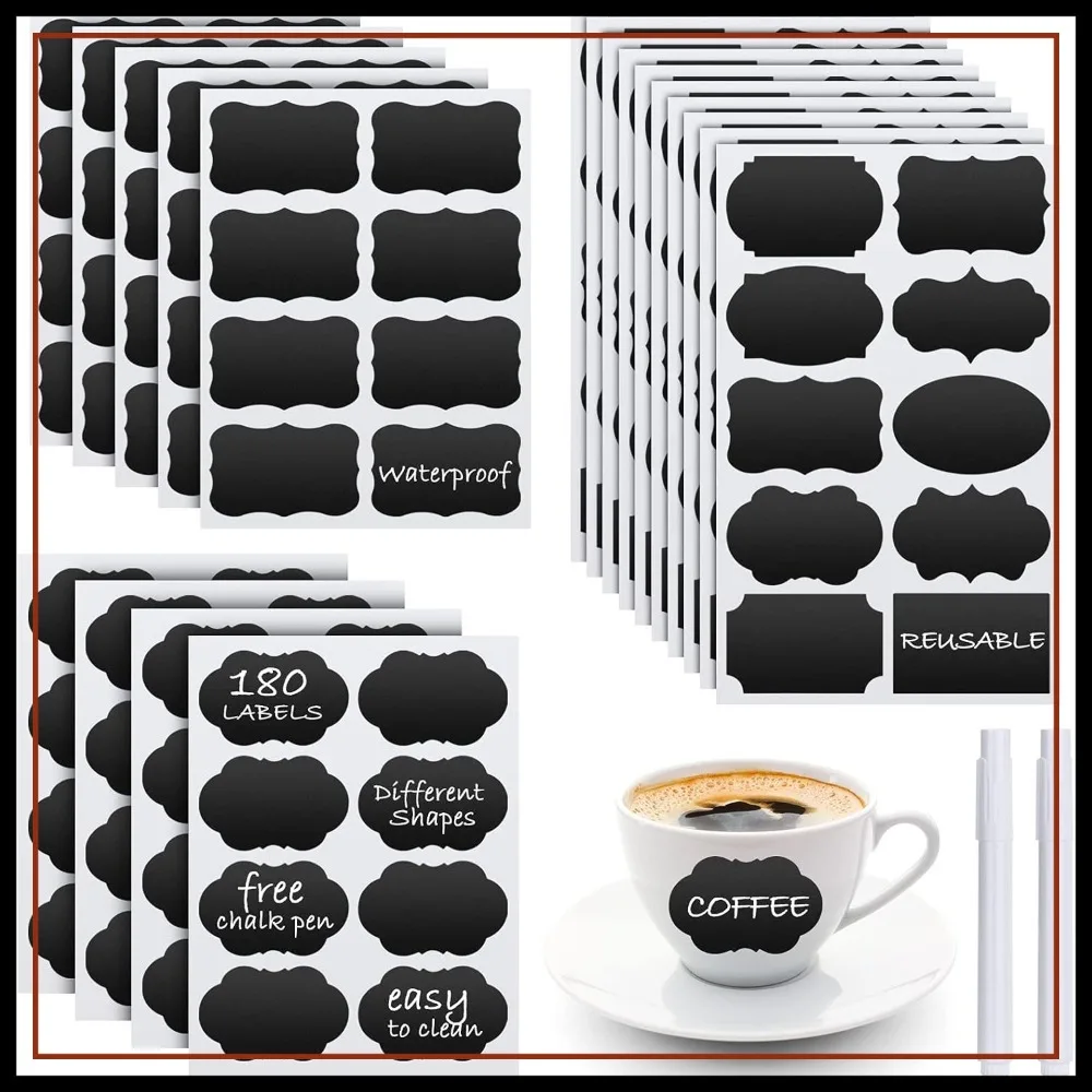 

180pcs Waterproof Reusable Chalkboard Labels with 2 Free Erasable Markers for Jars Containers Kitchen Pantry Office