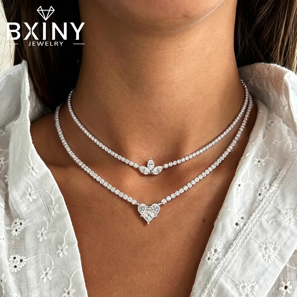 BXINY Luxury Moissanite Choker Tennis Necklace Pure S925 Silver Leaf & Heart Shape Diamond Chain for Women Wedding Gifts Jewelry