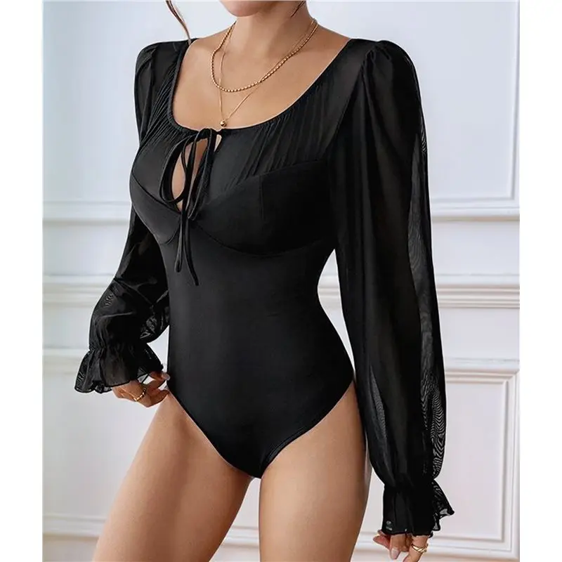 CYL-Body a maniche corte a maniche lunghe con collo alla caviglia per donna Top per uscire con maniche a volant in rete