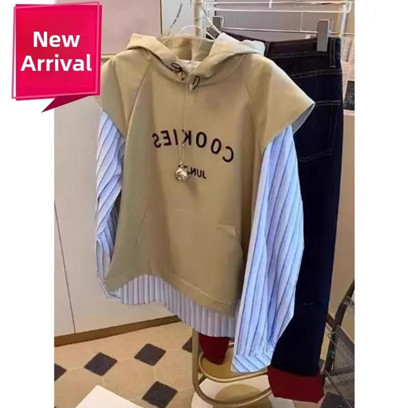 大きいサイズのパーカー、ロングスリーブ、レタープリント、レディース、フェイクツーピースデザイン、カジュアルで快適なポリエステル繊維、春秋