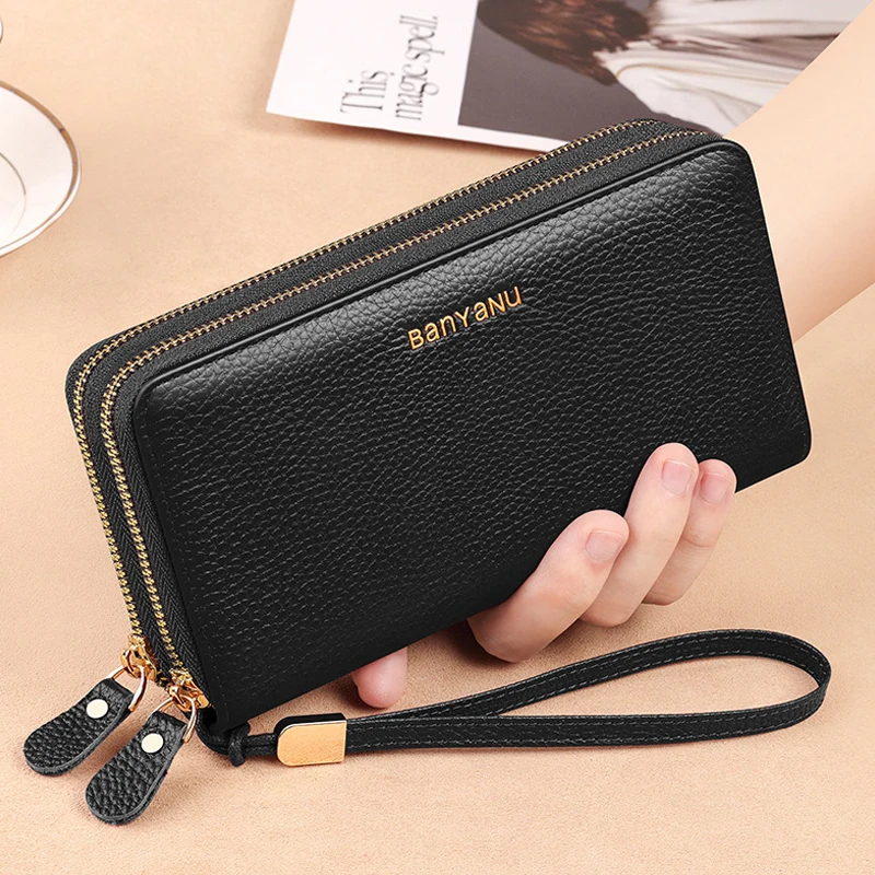 High Capacity Wallets Genuine Leather Women Wallet Long Design Women's Purse Phone Bag Card Holder Women Coin Purse Strap Clutch