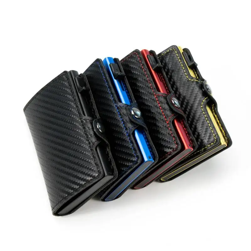 CASEKEY New Men Wallet Anti Rfid Carbon Fiber Leather Pop Up Card Holder Mini Smart Wallet with Coin Purse Billetera Hombre