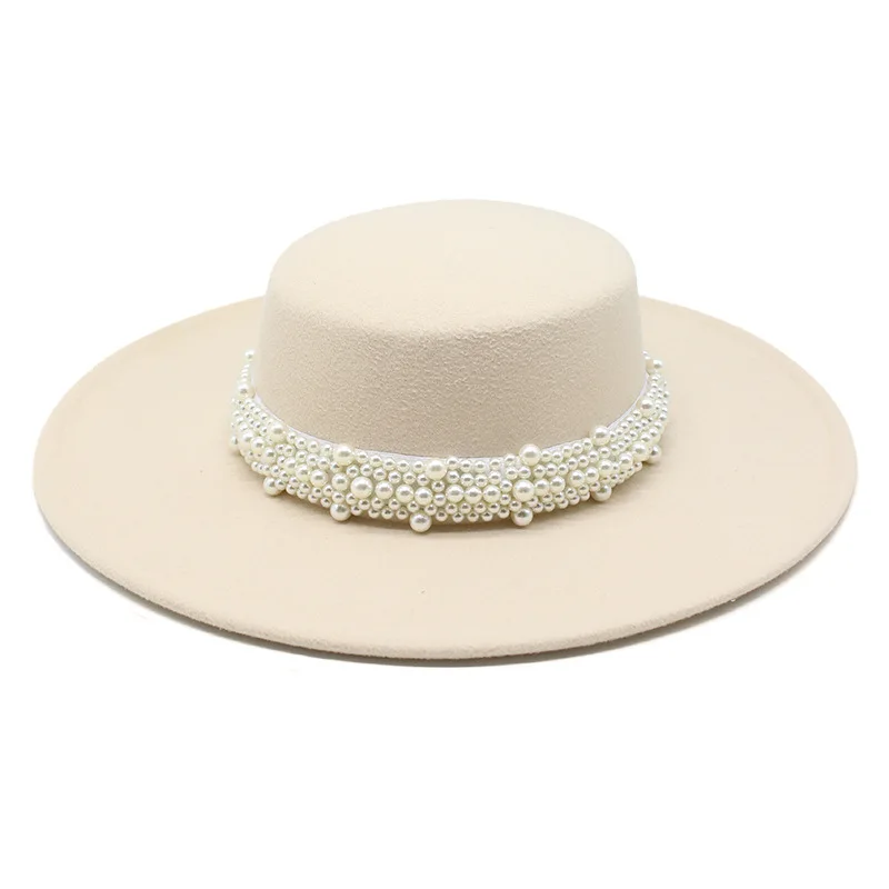 spring autumn Women\'s cap hats Bowler round fedoras wide brim Pearl with chain headgear chapel beach Wedding picture elegant new