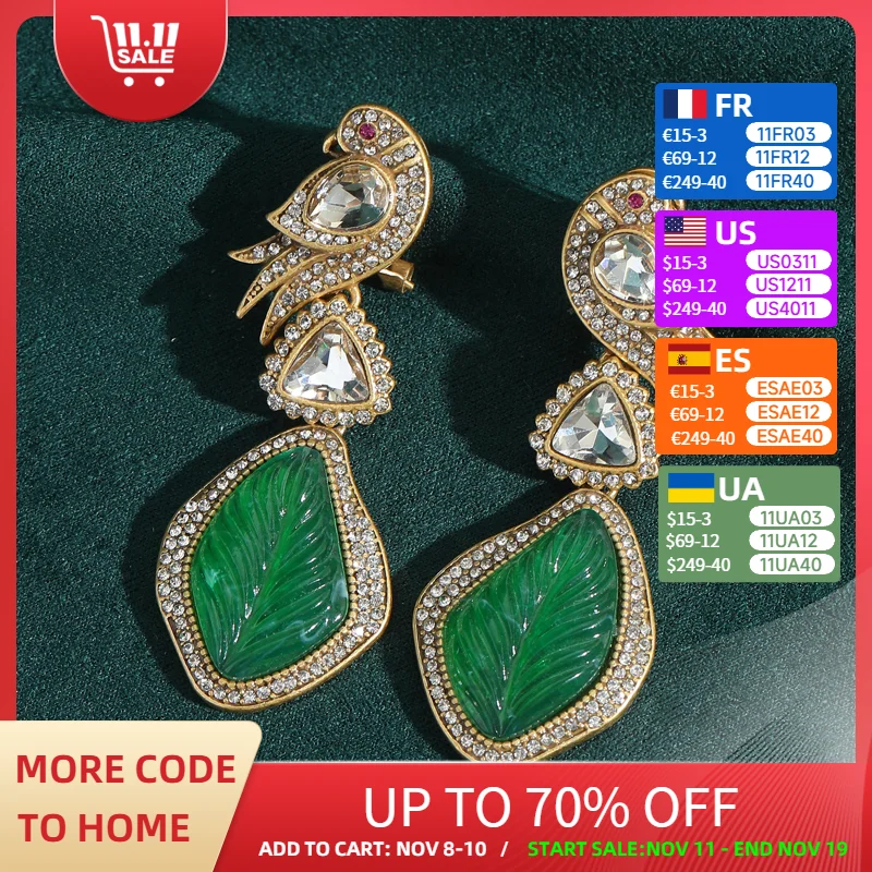 

Vintage Green Resin Leaf Drop Earrings Gold Color Rhinestone Crystal Bird Designer Tree Luxury Jewelry Quality Christmas 2025
