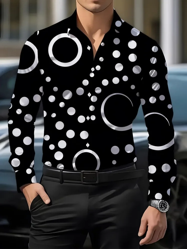 Men's large polka dot circular printed long sleeved shirt, lapel cardigan shirt, European and American casual trend men's top