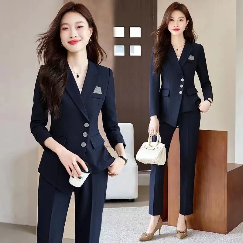 Navy Blue Suit Women's Spring and Autumn High-End Hotel Manager Work Clothes Temperament Small Size Business Clothing Suit