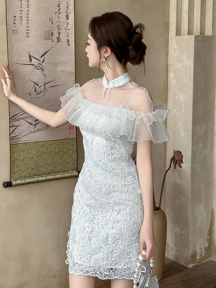 Elegant Sweet Qipao ชุดผู้หญิงเซ็กซี่ Cheongsam SHEER ตาข่าย Splice Ruffles ลูกไม้ตะขอดอกไม้ Hollow Bodycon ชุดปาร์ตี้คลับ Vestido