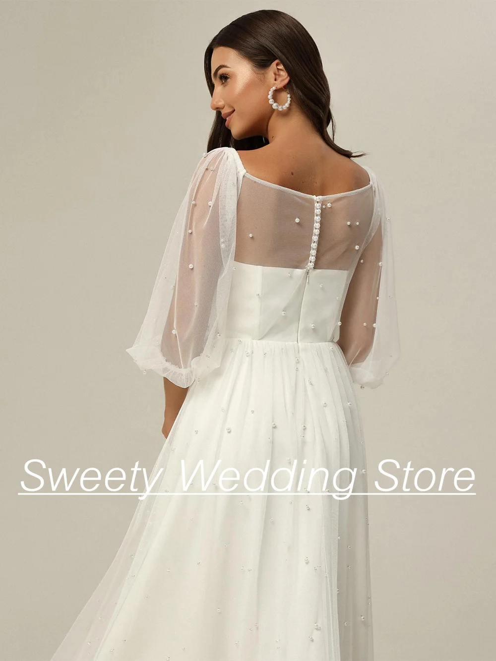 Ivory Wedding Dress for Bride 2025 Customized Scoop Neck 3/4 Sleeves Garden Bridal Gown Ankle Length Pearls Bride Dresses