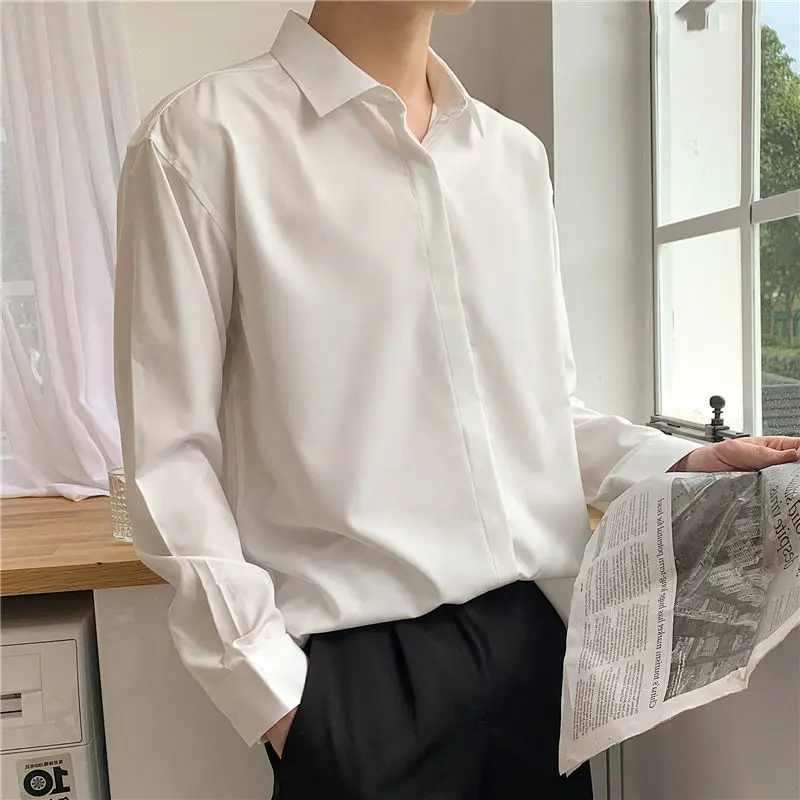 Korean New Men Clothing Drape Shirts for Men Solid Color Lapel Long Sleeve Ice Silk Business Casual Buttons Men Silk Shirt