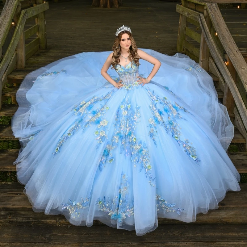 

Blue Shiny Quinceanera Dresses Off The Shoulder Applique Lace Beads Tull Corset Ball Gown Vestidos De 15 Anos Sweet 16 Dress