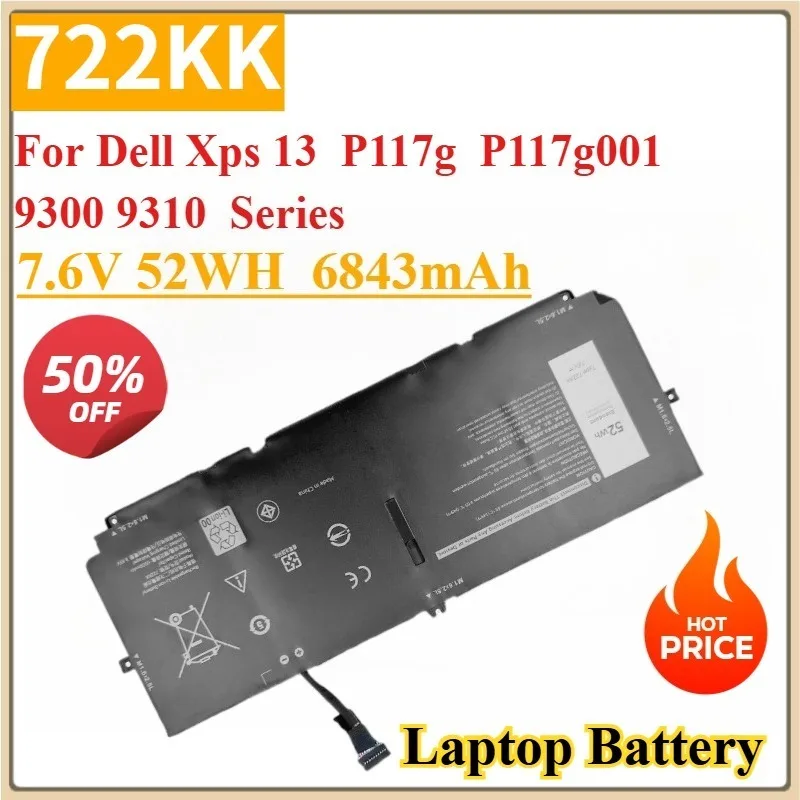 

New Laptop Battery 22KK 7.6V 52WH 68430mAh For Dell Xps 13 P117g P117g001 9300 9310 Series 0wn0n0 02xxfw 2xxfw Li-Polymer