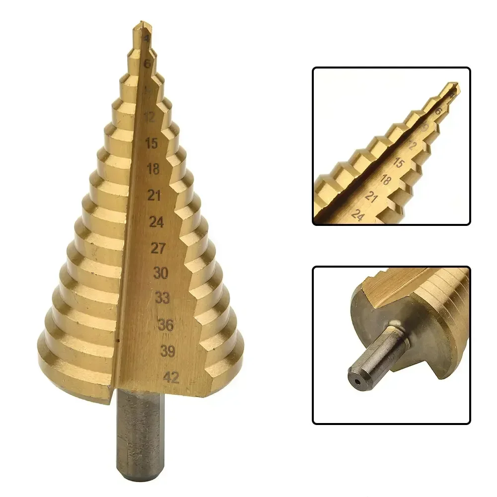 Imagem -02 - Hss Passo Cone Broca 442 mm Punho Redondo Titânio Banhado Buraco Cortador Espiral Fluted Passo Cone Broca Madeira Metal Buraco Cortador