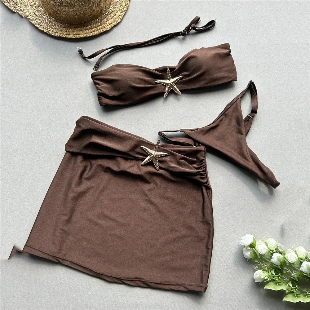 

Brown Sexy Swimsuit Cover Ups Women Micro Thong 3 Piece Bikini Set Damen Metal Star Swimwear Beach Wear Bandeau Bikinis De Mujer
