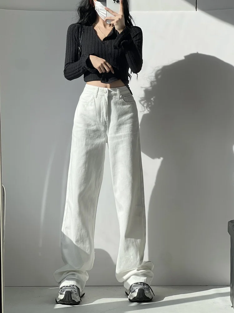 American Sle High Waist Wide Leg Jeans Women's Four Season Small Size Straight Loose Leg Covering Light Blue Floor-Length P...