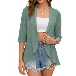 2025 Summer Fashion Ladies Hollow Out Cardigan Boho Tops Women Beach Outwear Casual Three Quarter Sleeve Sunscreen Shirt