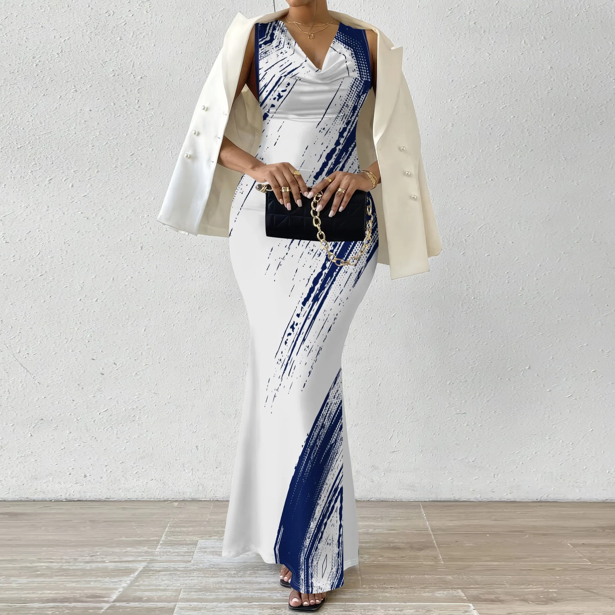 Vestido maxi feminino sem mangas com decote em V Branco Marinha Brush Stroke Print Vestido de festa bodycon de verão