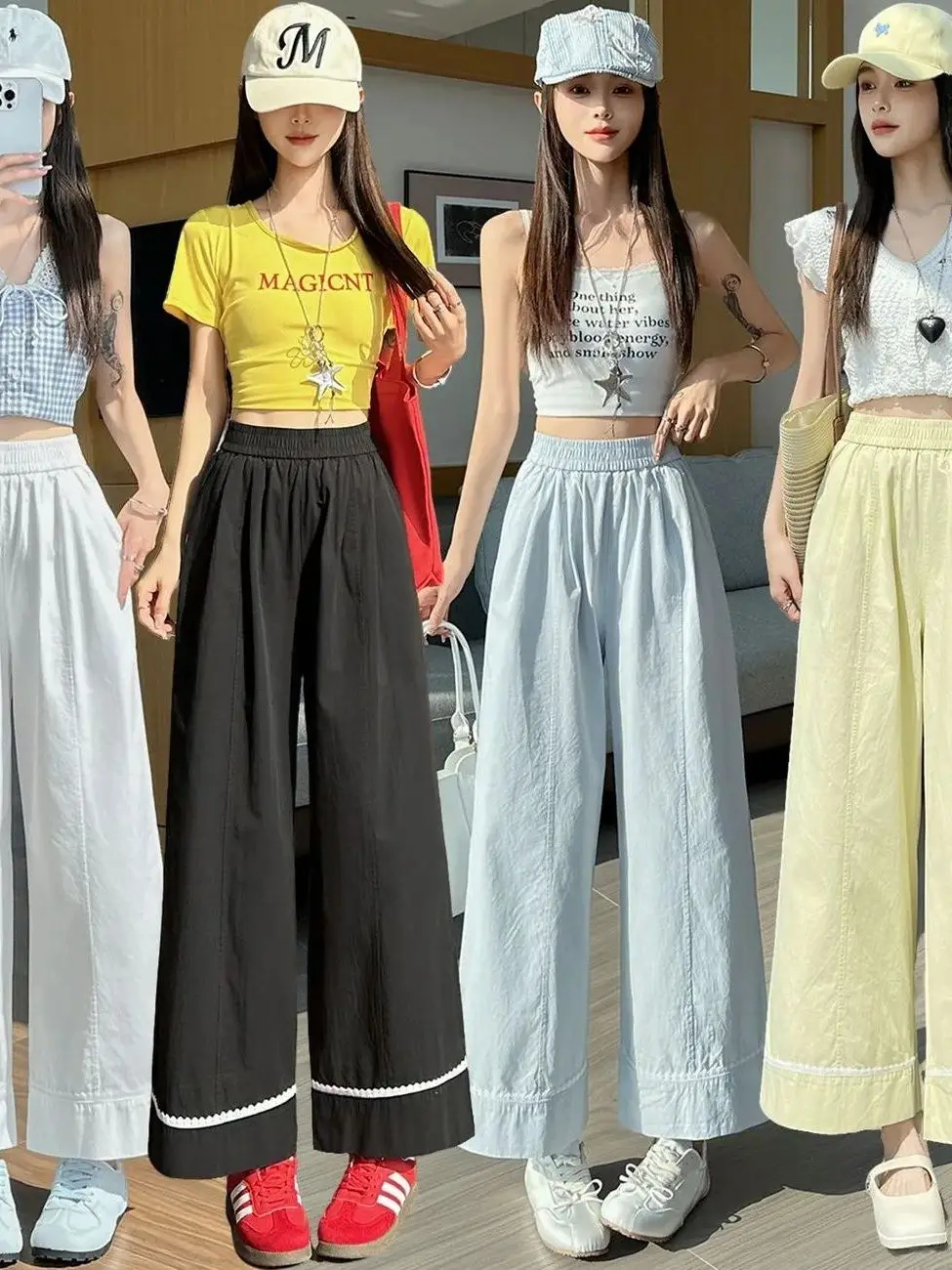 Ice Silk Wide Leg Pants Women's Summer Thin High Waist Slimming Lace Trim Loose Splicing Drape Straight Nine Casual Pants