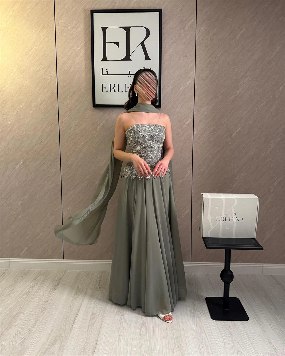 Contessa Custom Classic Evening Dress Strapless Beaded Bodice Robes De Soirée Sage Cape Shawl Bridesmaid Dress Maxi Floor Length image 3