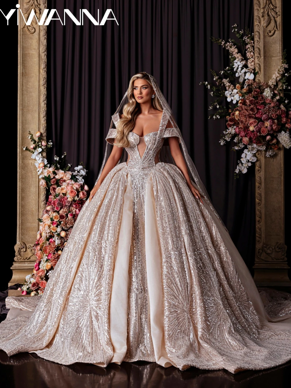 Robe de mariée longue luxueuse, entièrement perlée, épaules dénudées, col en cœur de rêve, robes de princesse personnalisées pour mariée