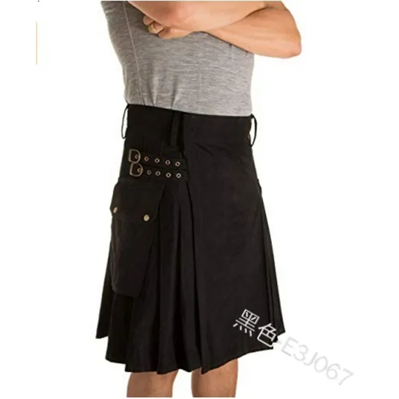 Utility Kilt Cargo Pocket Tartan Pleated Skirt Celtic Scottish Larp Costume Traditional Strap Cotton Bottoms Outfit For Men MS13