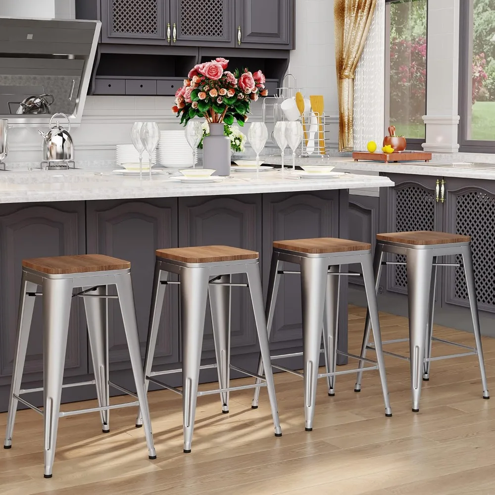24 inch Bar Stools Set of 4 Stackable Counter Height Backless Metal Silver for Kitchen Island Dining
