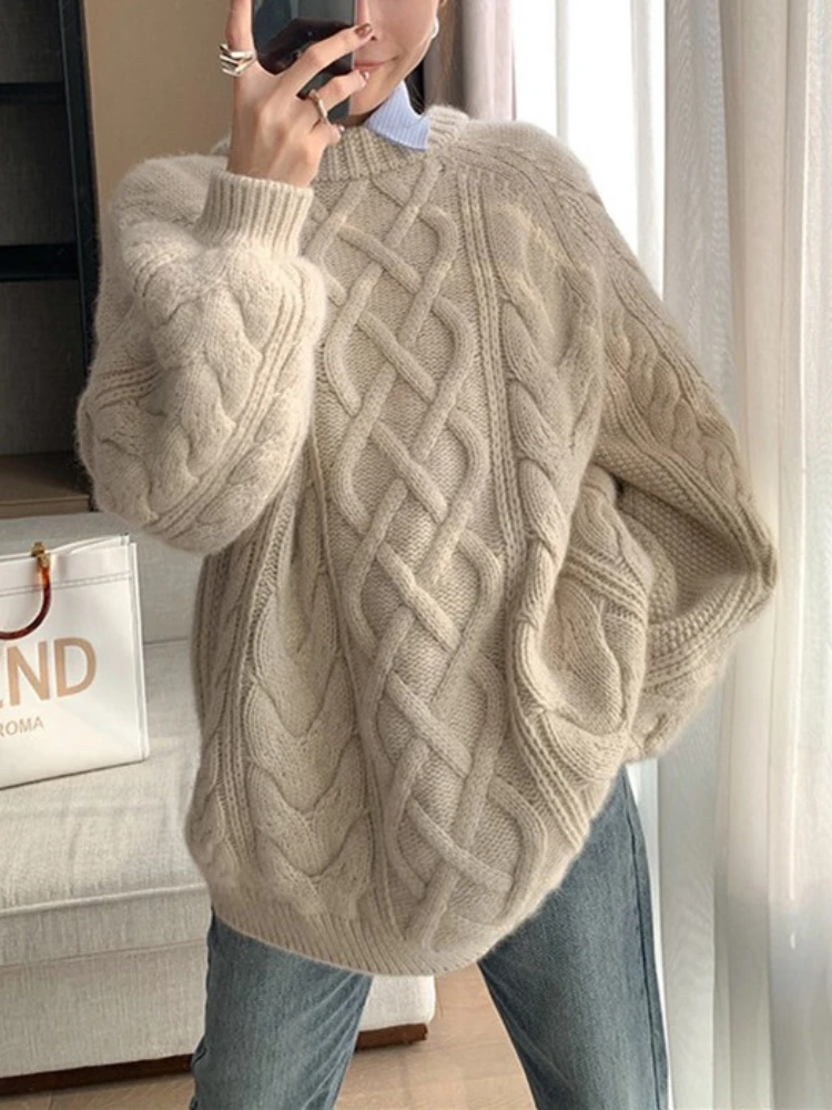 Fashion Tops 2023 Women Sweater Autumn Winter New Round Neck Loose Long Sleeve Ribbed Pullover Oversized Sweater Retro Solid