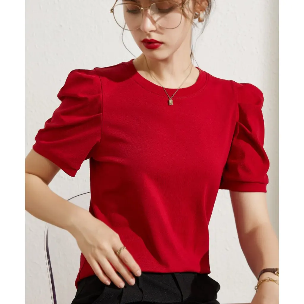 

Women's White Short-Sleeved T-shirt Summer Solid Color Cotton Pleated Puff Sleeve Design Top Half-Sleeved Xinjiang Cotton