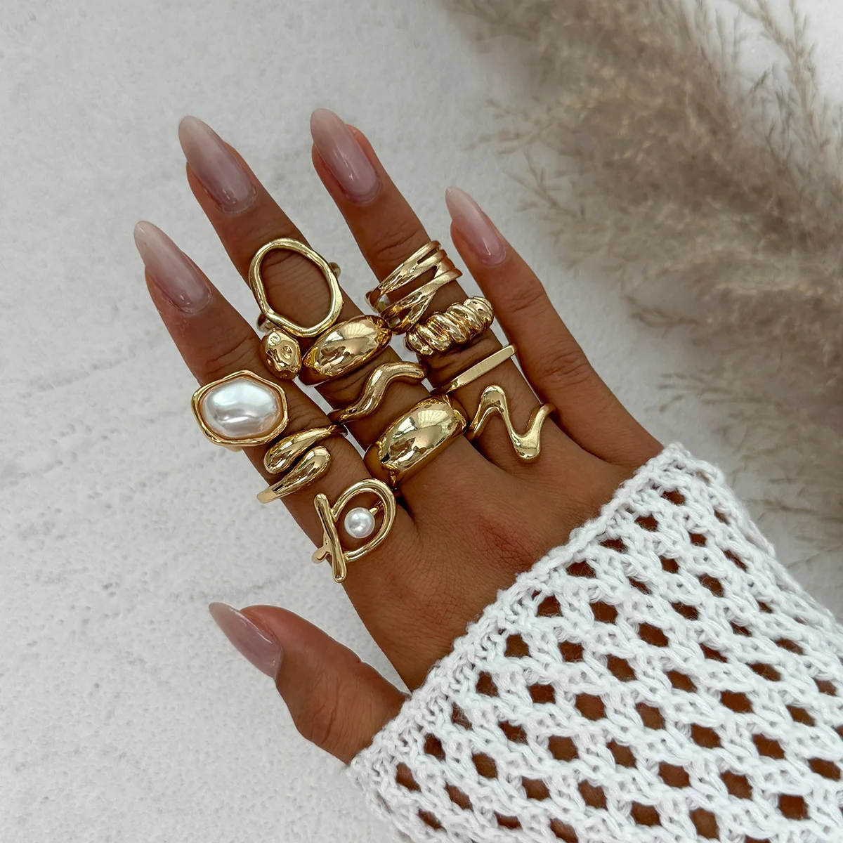 Conjunto de anillos abiertos geométricos de perlas de Color dorado a la moda para mujer, anillo ajustable Irregular de Metal exagerado, regalos de joyería impermeables